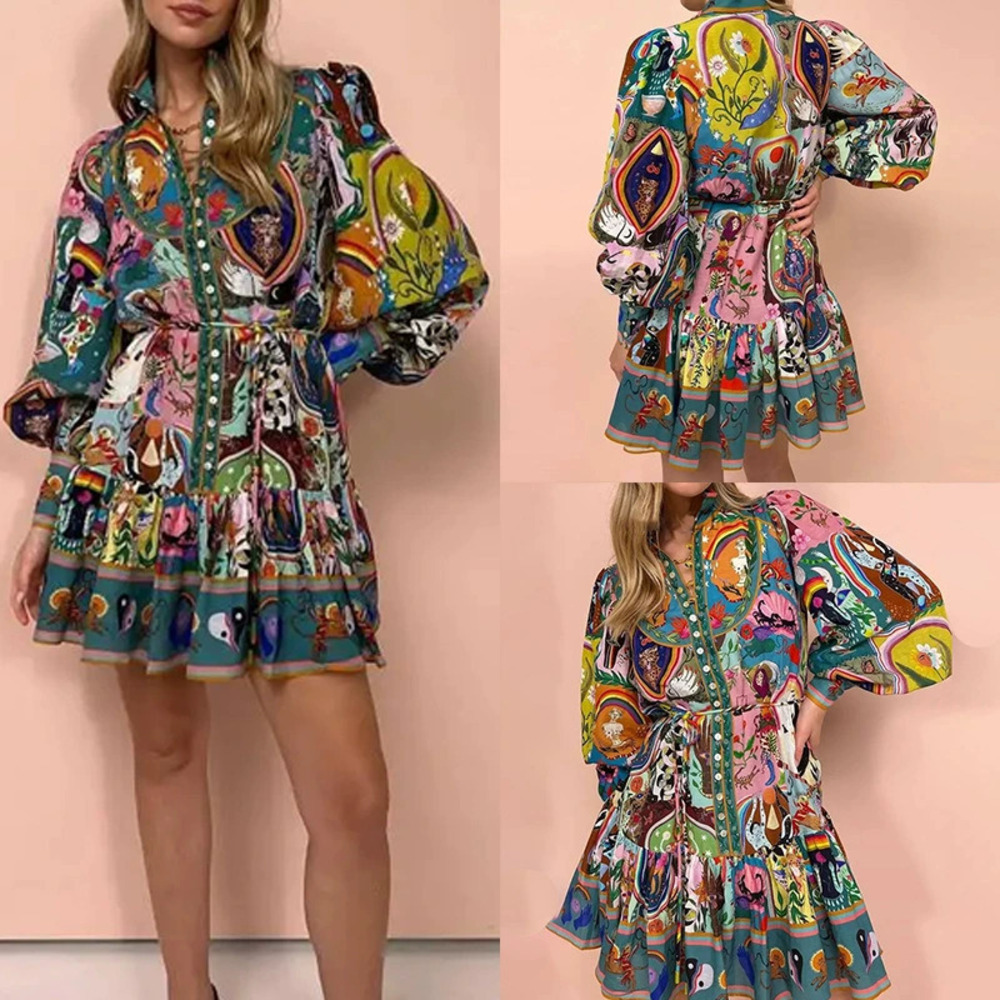 ZARA Summer Retro Elegant Stand Collar Print Tie Mini Dress